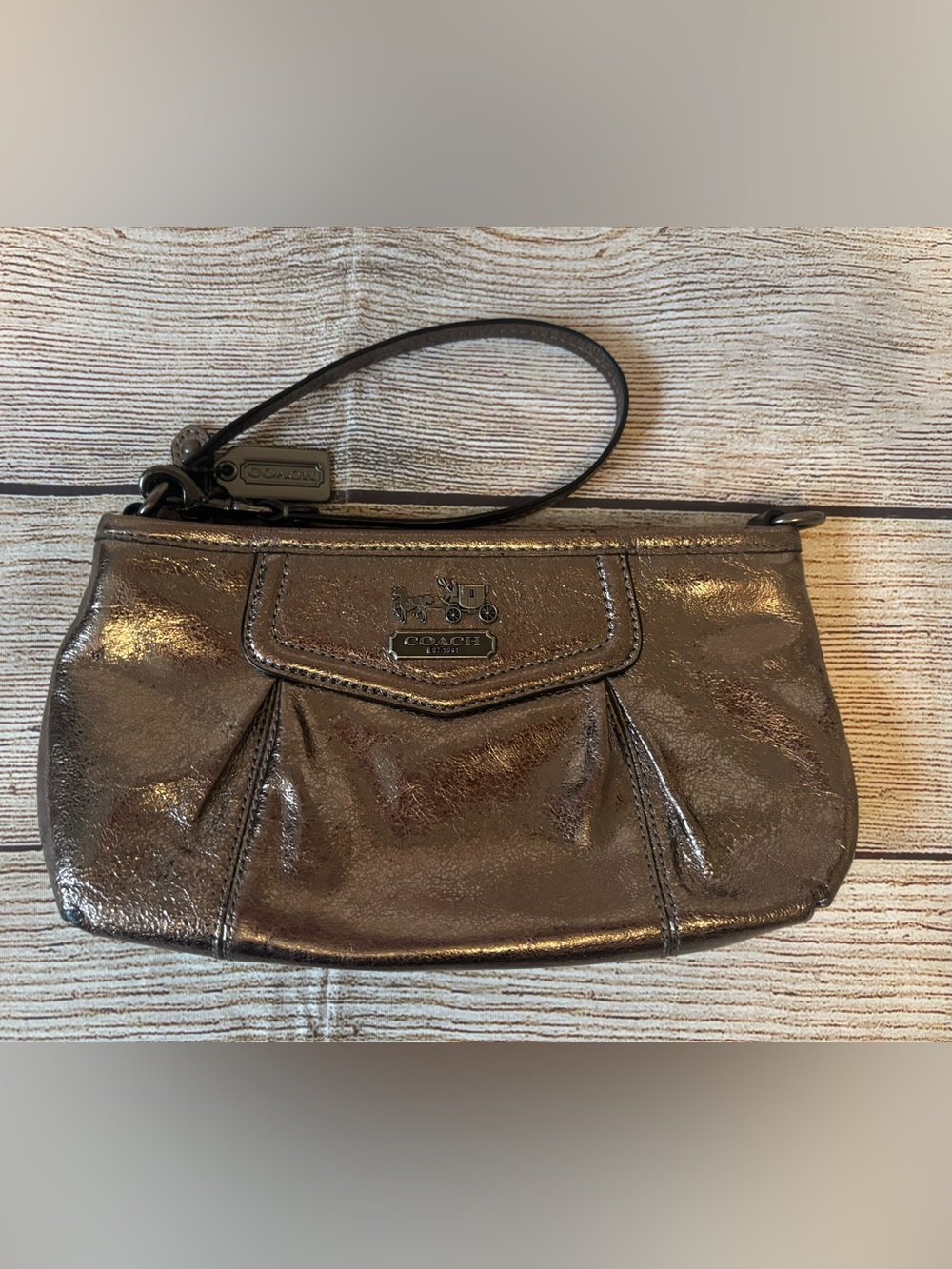 Coach Madison Metallic Patent Gunmetal Wristlet/Bag